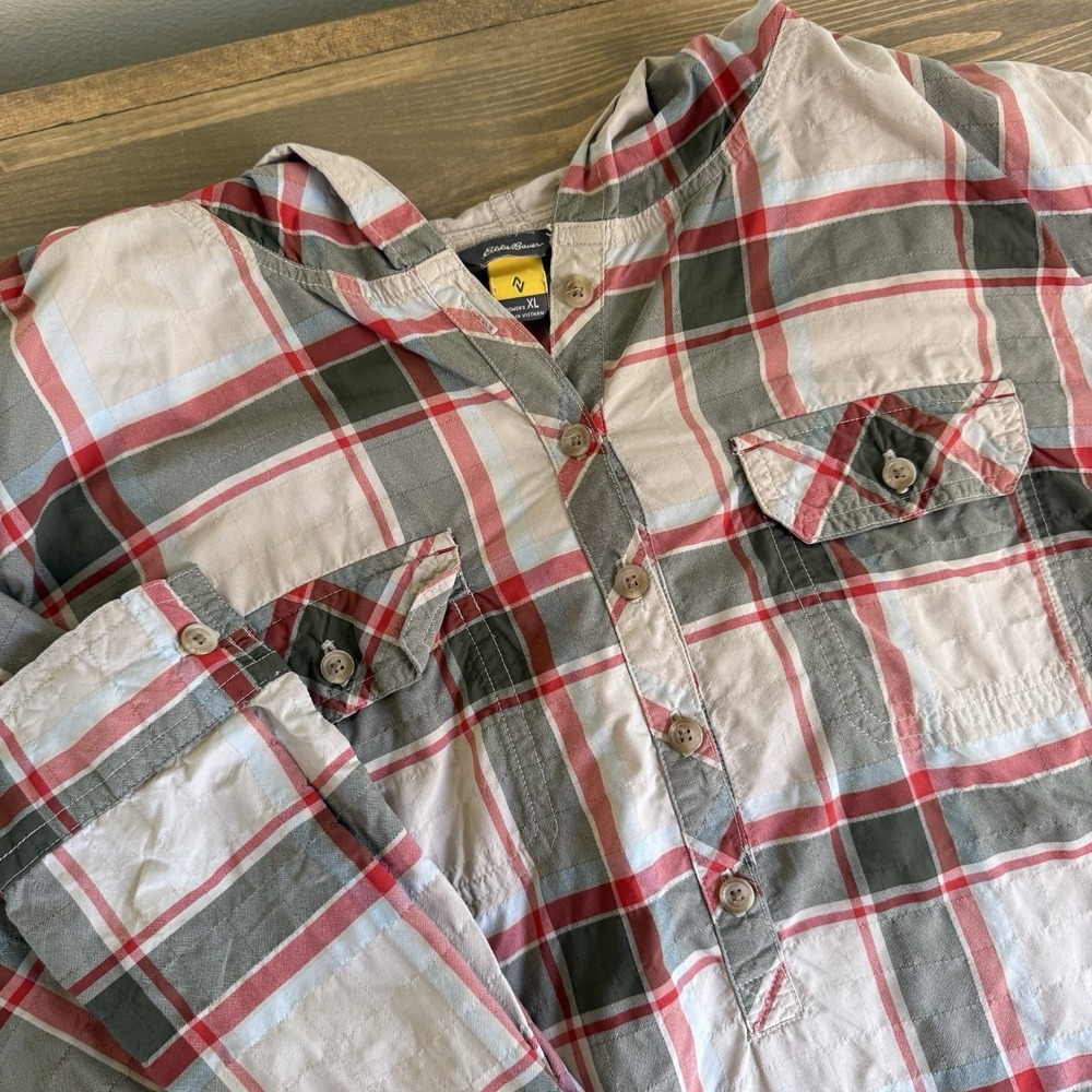 Eddie Bauer Womens XL Plaid Hooded Button Up Long Sleeve Shirt Top